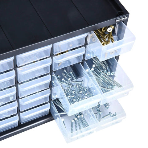 30 Drawer Plastic Storage Organizer With Stackable Modular System For Workshop Garage Craft Room And Home Office Use Transparent Drawers For Easy Visibility Of Small Parts Built Tough From Durable Plastic, filled with screws