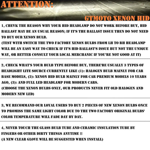 Installation tips for GTMOTO Xenon HID headlights with instructions on bulb compatibility and maintenance guidelines.