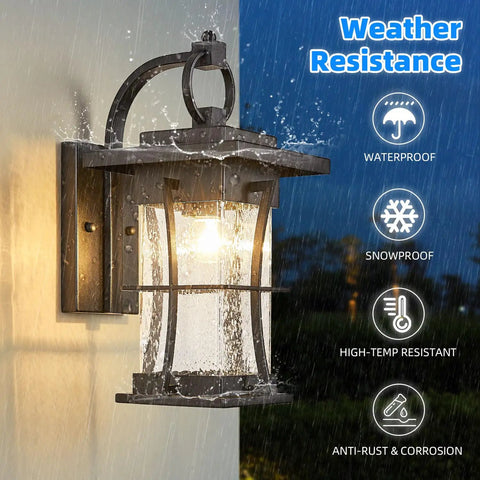 Outdoor Dope Wall Sconces Matte Black Metal Lanterns With Clear Seeded Glass Waterproof Exterior Lighting in rain