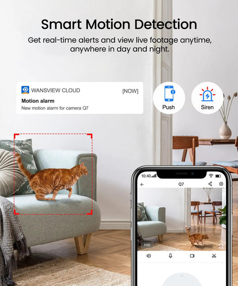 Indoor Pet Cam 2K Security Cam With Motion Alerts And Pan Tilt SD Card And Cloud Storage Baby Nanny Cam in living room with app view