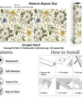 Vintage Floral Peel And Stick Wallpaper For Walls And Cabinets Removable Vinyl Peonies In Bedrooms Nurseries And Girls Rooms 17.7 Inches Wide By 118 Inches Long Self Adhesive Contact Paper shown with installation guide and feature icons.