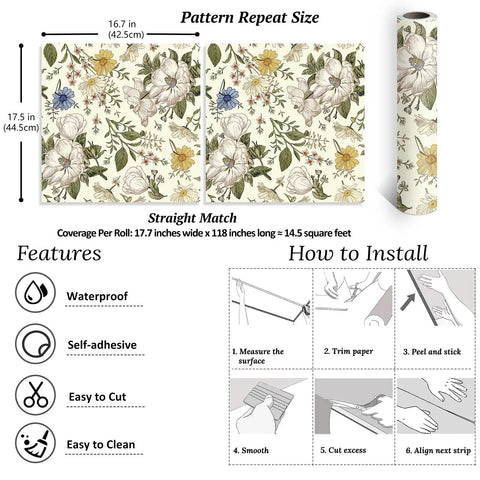 Vintage Floral Peel And Stick Wallpaper For Walls And Cabinets Removable Vinyl Peonies In Bedrooms Nurseries And Girls Rooms 17.7 Inches Wide By 118 Inches Long Self Adhesive Contact Paper shown with installation guide and feature icons.