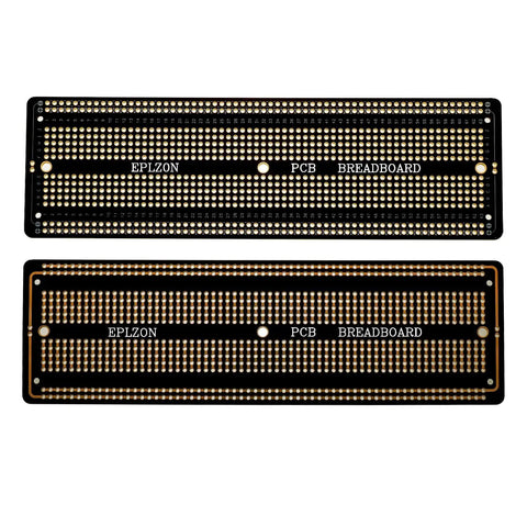 Three Piece 6.8 By 2.05 Inch Solderable Prototype PCB Boards Kit For DIY Electronics Projects Compatible With Nano ESP8266 NodeMCU And DIP Components Ideal For Soldering Prototypes And Circuit Prototyping Black, showing two black boards with rows of holes.