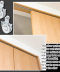 8 Pack Sliding Closet Door Rollers Kit For Wardrobe Cabinets With Hangers And Knob Adjustable Hooks, installed view on wooden door