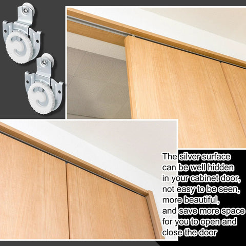 8 Pack Sliding Closet Door Rollers Kit For Wardrobe Cabinets With Hangers And Knob Adjustable Hooks, installed view on wooden door