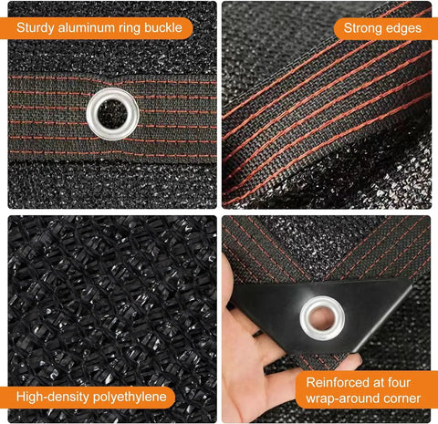 Close-up of 40 Percent Shade Cloth With Grommets 10 Ft By 20 Ft Garden Mesh showing HDPE material, strong edges, and aluminum ring buckle