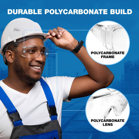 Man wearing Visitor Safety Glasses For Men And Women With Wraparound Polycarbonate Lenses, ANSI Z87 Certified For Shooting Range And Lab Use.