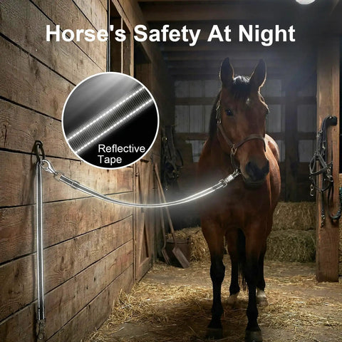 Heavy Duty Reflective Cross Ties For Horses With Panic Snap And AntiTangle Grooming Straps in barn at night for safety