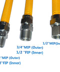 48 Inch Flexible Gas Connector Kit Five Eighths Inch Outer Diameter Yellow Coated Stainless Steel Hose One Half Inch ID Adapters
