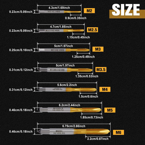 Kickass 7pc Micro Tap Drill Kit High Speed Steel Metric Plug Threads M2 To M6 Compact Storage Box with size details.