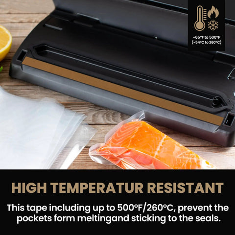 Image of a vacuum sealer machine with Heavy Duty High Temperature PTFE Tape for sealing packages, heat resistant to 500 F.