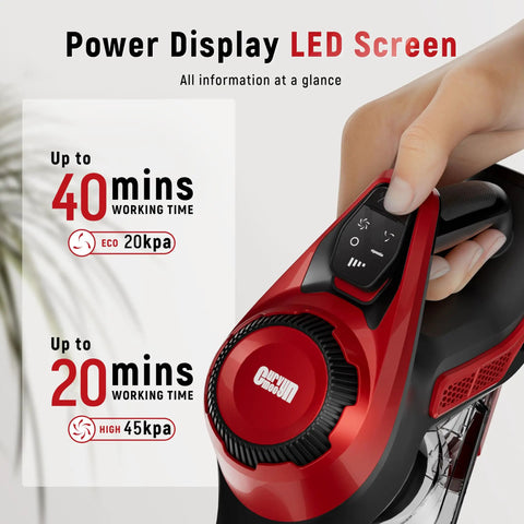 Power display LED screen of Heavy Duty Cordless Stick Vacuum With 45Kpa Beast Mode Suction And Smart Display, 1.5L Dust Bin, 40 Min Runtime, Lightweight Rechargeable Handheld For Pet Hair Carpet Hardwood Floors Cars Crimson.