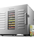Heavy Duty No Cap Commercial Food Dehydrator Machine With Ten Detachable Stainless Steel Trays For Juicy Jerky Crispy Herbs And Fresh Fruit Adjustable Temperature Control Rapid Batch Drying Rack, stainless steel exterior, visible trays.