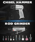 Knuckle Buster 71 Piece Pneumatic Air Tool Kit Featuring 1/2 Inch Impact Wrench 150Mm Air Hammer and Quick Action Die Grinder With Full Socket Set For Guys with chisel hammer and rod grinder.