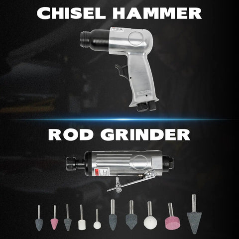Knuckle Buster 71 Piece Pneumatic Air Tool Kit Featuring 1/2 Inch Impact Wrench 150Mm Air Hammer and Quick Action Die Grinder With Full Socket Set For Guys with chisel hammer and rod grinder.