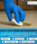 Bodily Fluid Clean Up Kit & Vomit Clean Up Pack, blue-gloved hand wiping a yellow spill on tile; Magnicare logo visible.