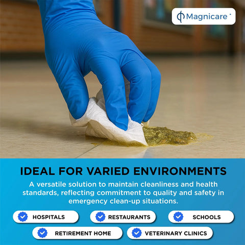 Bodily Fluid Clean Up Kit & Vomit Clean Up Pack, blue-gloved hand wiping a yellow spill on tile; Magnicare logo visible.