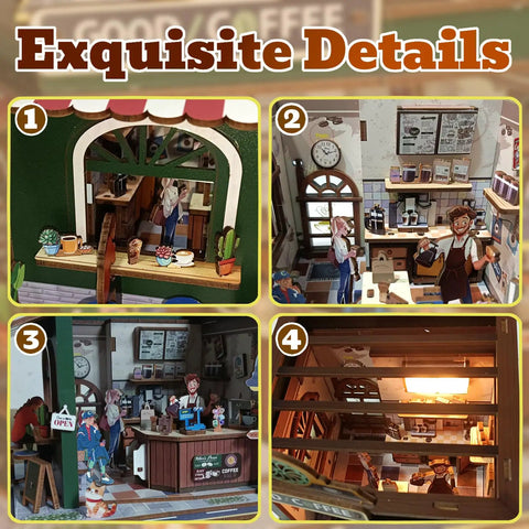 Cozy Coffee Shop 3D Wood Miniature Kit With LED Lights For Adults DIY Tiny House Model showcasing detailed interiors and warm glow.