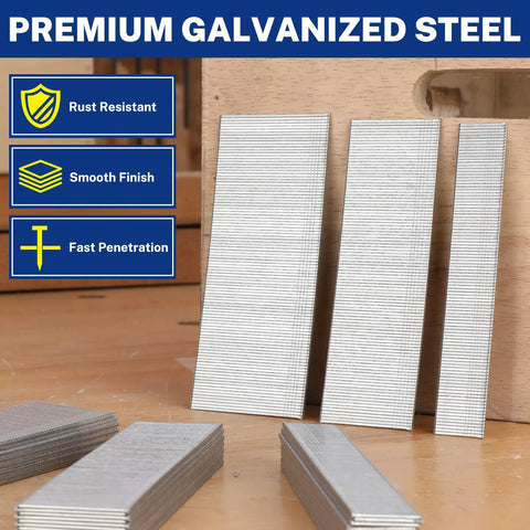Top Shelf 18 Gauge Brad Nails 1200 Count Zinc Plated Steel Pins 2 Inch 1 1/4 Inch 3/4 Inch displayed on wood, showing smooth finish.