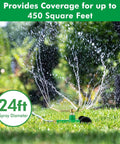 2 Pack 3 Arm Metal Lawn Sprinklers With Rolling Wheel Base spraying water on a lawn with a 24ft spray diameter