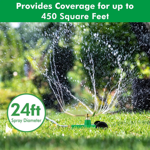 2 Pack 3 Arm Metal Lawn Sprinklers With Rolling Wheel Base spraying water on a lawn with a 24ft spray diameter