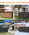 Heavy Duty Outdoor Firewood Rack With Weatherproof Cover Iron Wood Storage Rack For Backyard Or Patio Eight Foot Long Firewood Holder With Waterproof 600D Oxford Fabric Cover And Rust Resistant Finish, shown in various weather conditions.