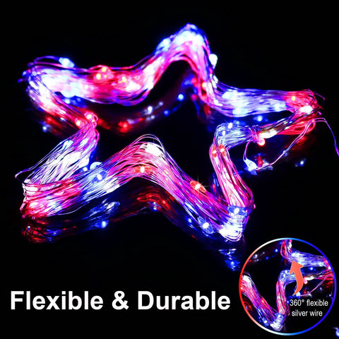 Patriotic Solar Fairy String Lights 2 Pack With 200 LED 66 Ft Red White Blue Outdoor Waterproof Flexible Silver Wire