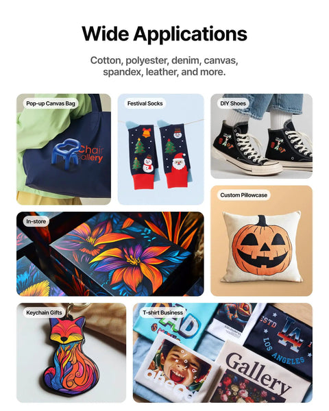 Top Shelf Apparel Printer Bundle With Seamless Humidification Dual Sensor Monitoring Integrated White Ink Cycle Heavy Duty Shaker Oven And Industrial Fume Extractor System For Hustlers showcasing diverse applications on various materials.
