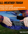 Person using All Weather Black Duct Tape For Outdoor Repairs Pack Of 2 1.88 Inch Wide By 25 Yard Rolls on a tarp edge
