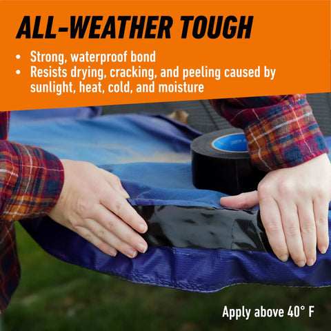 Person using All Weather Black Duct Tape For Outdoor Repairs Pack Of 2 1.88 Inch Wide By 25 Yard Rolls on a tarp edge