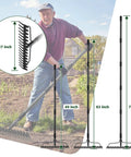 63 Inch Bow Rake With 17 Steel Tines And Stainless Handle in garden, showing length and tine details with man raking soil
