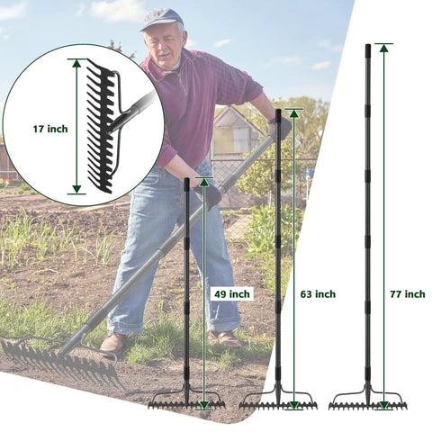 63 Inch Bow Rake With 17 Steel Tines And Stainless Handle in garden, showing length and tine details with man raking soil