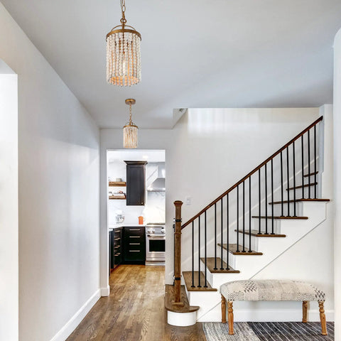 Beaded Pendant Light Fixtures Boho Chandelier For Dining Room Hallway Bedroom 6 Inch Diameter Rustic Wood Beads With Dark Gold Frame And Cozy Warm Glow in a hallway setting