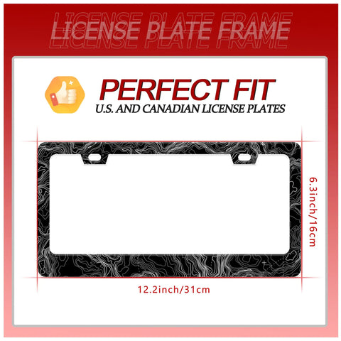 Dope Topographic Map License Plate Frame In Stainless Steel With Screws 12x6 Inch Durable Car Part For Men And Women Everyday Style Auto Decor Shielding Your Plate From Scratches, shown with dimensions for US and Canadian plates
