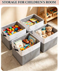 Real Deal Foldable Fabric Storage Cubes With Sturdy Reinforced Handles And Hassle Free Collapsible Closet Shelf Bins For Clothes Toys And Blankets 4 Pack Of Smooth Operation Organizers In White And Gray, arranged in a children's room, filled with toys and books.