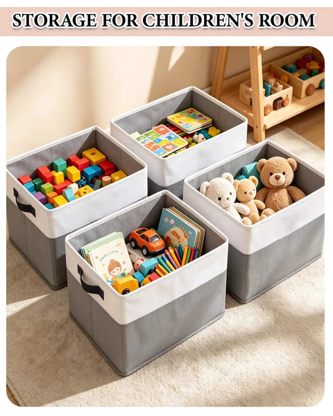 Real Deal Foldable Fabric Storage Cubes With Sturdy Reinforced Handles And Hassle Free Collapsible Closet Shelf Bins For Clothes Toys And Blankets 4 Pack Of Smooth Operation Organizers In White And Gray, arranged in a children's room, filled with toys and books.