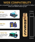 Chart showing wide compatibility of soldering tips with various iron models and a brass heat-set insert, emphasizing 900M T18 FX-888D series.