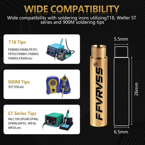 Chart showing wide compatibility of soldering tips with various iron models and a brass heat-set insert, emphasizing 900M T18 FX-888D series.