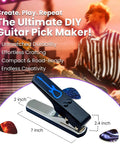 Image of DIY Guitar Pick Punch Gift Kit With Leather Key Chain Holder, 4 Starter Strips, Blue punch, and guitar picks design.