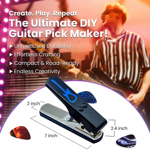 Image of DIY Guitar Pick Punch Gift Kit With Leather Key Chain Holder, 4 Starter Strips, Blue punch, and guitar picks design.