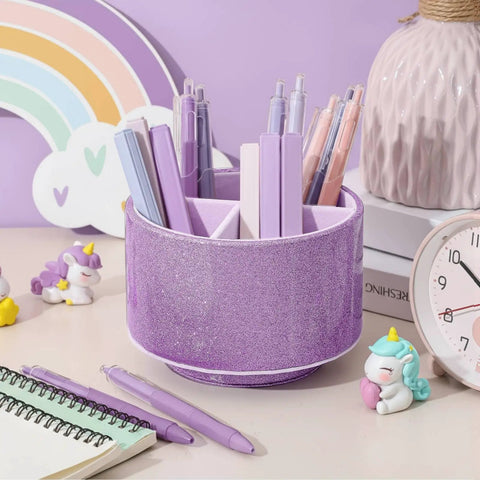 360 Degree Spin Glitter Pencil Holder In Purple PU Leather Four Compartment Desk Organizer Cup