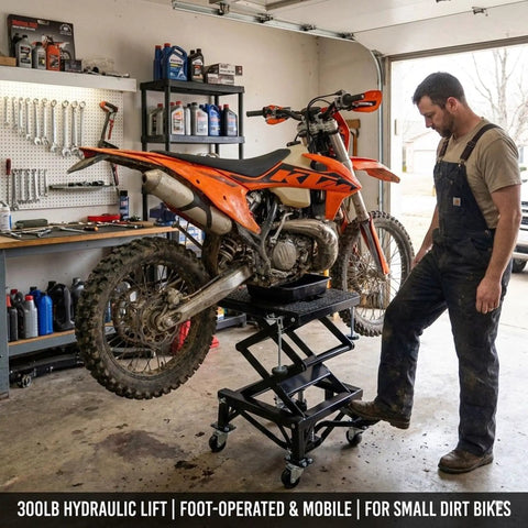 Heavy Duty Hydraulic Motorcycle Lift Table With 300 Lb Foot Step Lever Wide Rolling Platform Non Slip Surface Mean Garage Rig For Dirt Bikes Cruisers Atv Riders Tune Ups And Detailed Repairs At Home