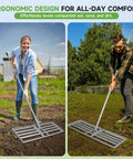 Two people using Heavy Duty Galvanized Lawn Leveling Rake With 36 By 12 Inch Wide Rack Head And Extendable 52 To 78 Inch Handle