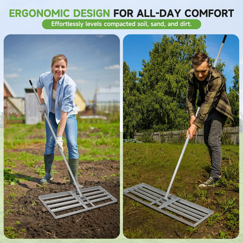Two people using Heavy Duty Galvanized Lawn Leveling Rake With 36 By 12 Inch Wide Rack Head And Extendable 52 To 78 Inch Handle