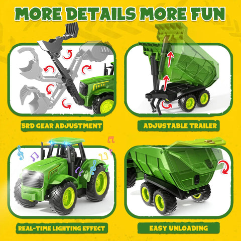 Awesome Realistic RC Farm Tractor Toy With Front Loader And Trailer, Lights And Music, showing gear, trailer, lighting, unloading
