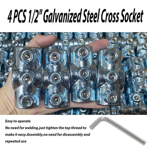 Half Inch Galvanized Steel Cross Socket 4 Way Pipe Fitting DN15, 4-pack, held in hand with Allen wrench visible