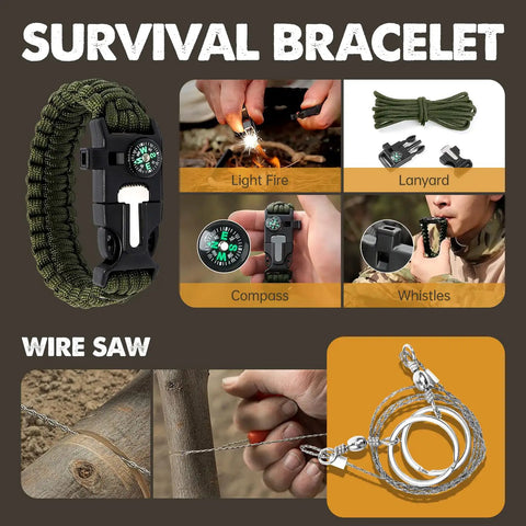 Dope 25 Piece Survival Kit For Men Dads Camping Essentials Gear with survival bracelet, wire saw, and fire starter.