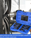 Mechanic using Spline Lug Nut Socket Set Eight Piece With Locking Lug Nut Removal Kit on wheel for quick tire service