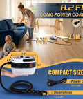 Supercharged 2500W Handheld Steam Cleaner With Three Heads And One Liter Tank Fires Up In Twenty Seconds to clean furniture.