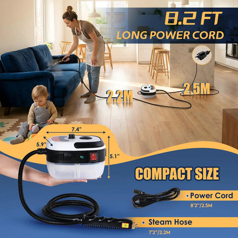 Supercharged 2500W Handheld Steam Cleaner With Three Heads And One Liter Tank Fires Up In Twenty Seconds to clean furniture.